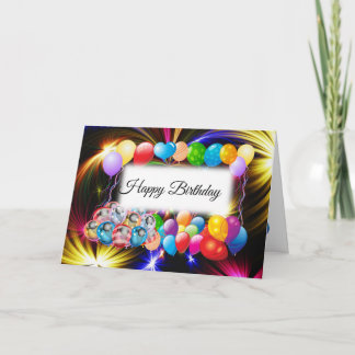 Cute, Colourful Balloons, Fireworks, Happy Birthda Card