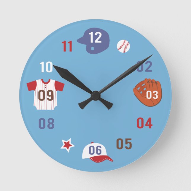 Cute Colourful Baseball Theme Boys Room Round Clock (Front)