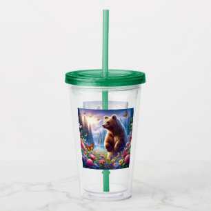 Cute, colourful bear & butterflies acrylic tumbler