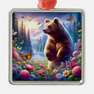 Cute, colourful bear & butterflies metal ornament