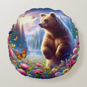 Cute, colourful bear & butterflies round pillow