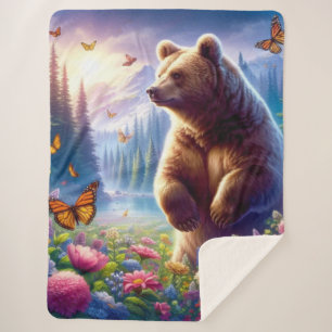 Cute, colourful bear & butterflies sherpa blanket