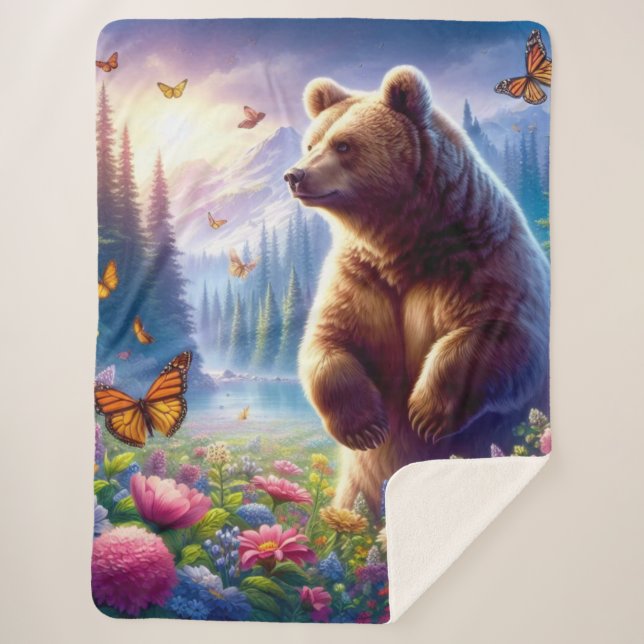 Cute, colourful bear & butterflies sherpa blanket (Front)