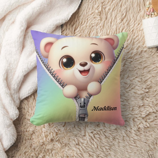 Cute Colourful Bear Kids Customizable Name  Throw Pillow (Blanket)