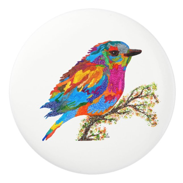 Cute & Colourful Bird on a Branch Door Knob (Front)