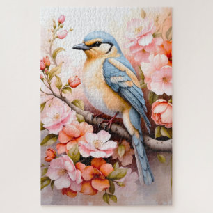 cute colourful bird on a branch with flowers jigsaw puzzle