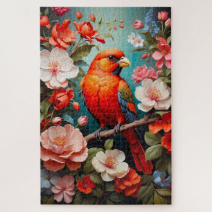 cute colourful bird on a branch with flowers jigsaw puzzle