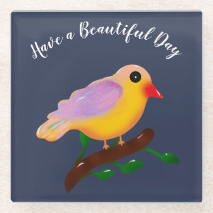 Cute Colourful Bird on Branch   Hand Drawn Songbir Glass Coaster