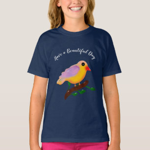 Cute Colourful Bird on Branch Hand Drawn Songbir T-Shirt