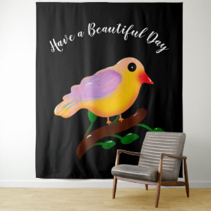 Cute Colourful Bird on Branch Hand Drawn Songbir Tapestry