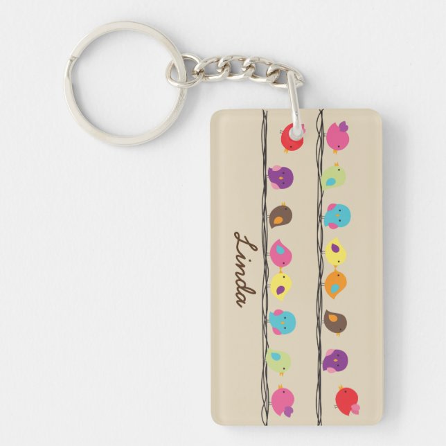 cute colourful birds on ropes personalize keychain (Front)