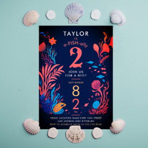 Cute Colourful Blue Ocean Fish Corals Kids Birthda Invitation