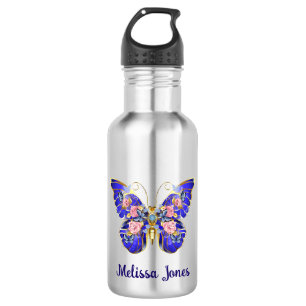 Cute Colourful Blue Pink Gold Butterfly Floral 532 Ml Water Bottle