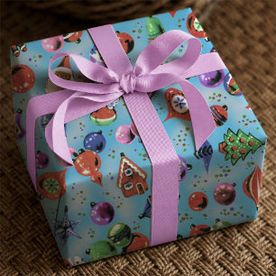 Cute Colourful Blue Retro Christmas Ornaments Wrapping Paper