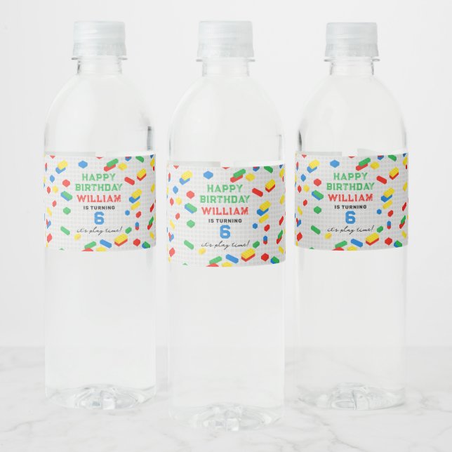 Cute Colourful Bricks Building Blocks Kids Birthda Water Bottle Label (Bottles)