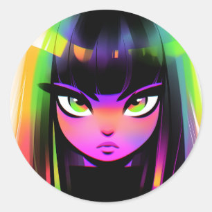 Cute Colourful Bright Neon Vibes Preppy Anime Girl Classic Round Sticker