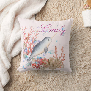 Cute colourful Bubbles Ocean baby Narwhal  Throw Pillow