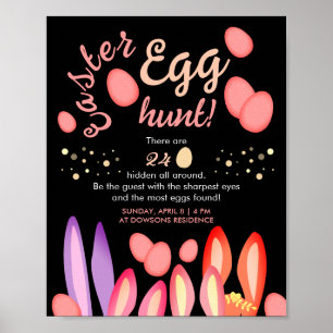 Cute Colourful Bunny Ears Easter Egg Hunt On Black Poster