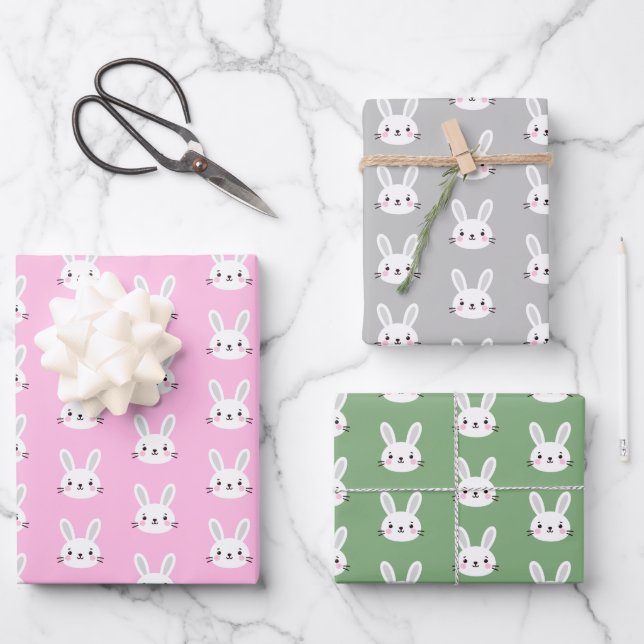 Cute Colourful Bunny White Rabbit Pastel Colour Wrapping Paper Sheet (Front)