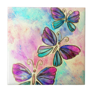 Cute Colourful Butterflies Flying - Watercolor Art Tile