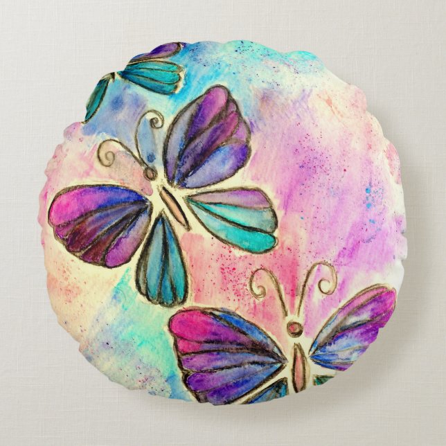 Cute Colourful Butterflies Round Pillow (Front)