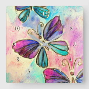 Cute Colourful Butterflies - Watercolor Painting Square Wall Clock