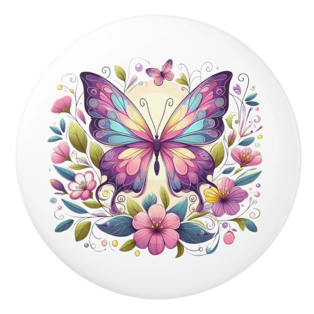 Cute, colourful butterfly  ceramic knob (Front)
