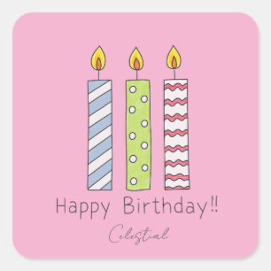 Cute Colourful Candle Happy Birthday–Personalisabl Square Sticker