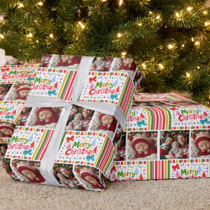 Cute Colourful Candy Stripe 2 Photo Grid Christmas Wrapping Paper