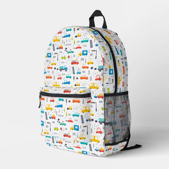 Cute Colourful Car Traffic Pattern Printed Backpack (Back Corner Right)
