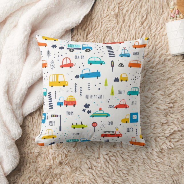 Cute Colourful Car Traffic Pattern Throw Pillow (Blanket)