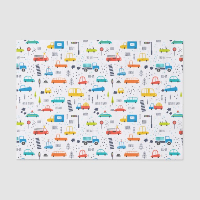 Cute Colourful Car Traffic Pattern Tissue Paper (Front)
