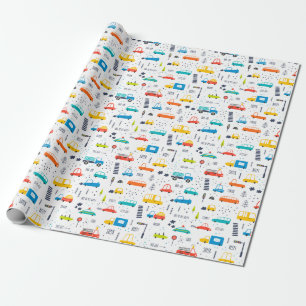 Cute Colourful Car Traffic Pattern Wrapping Paper