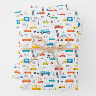 Cute Colourful Car Traffic Pattern Wrapping Paper Sheet
