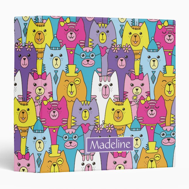 Cute Colourful Cartoon Cats Pattern Add Name Binder (Front/Spine)