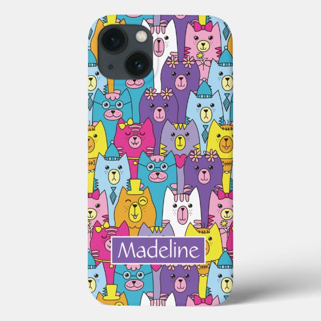 Cute Colourful Cartoon Cats Pattern Add Name Case-Mate iPhone Case (Back)