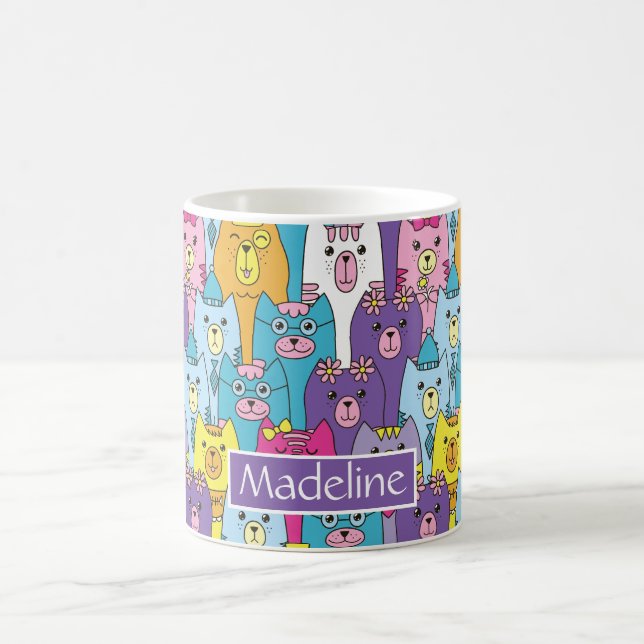 Cute Colourful Cartoon Cats Pattern Add Name Coffee Mug (Center)