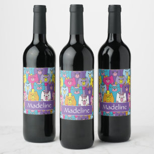Cute Colourful Cartoon Cats Pattern Personalized Wine Label