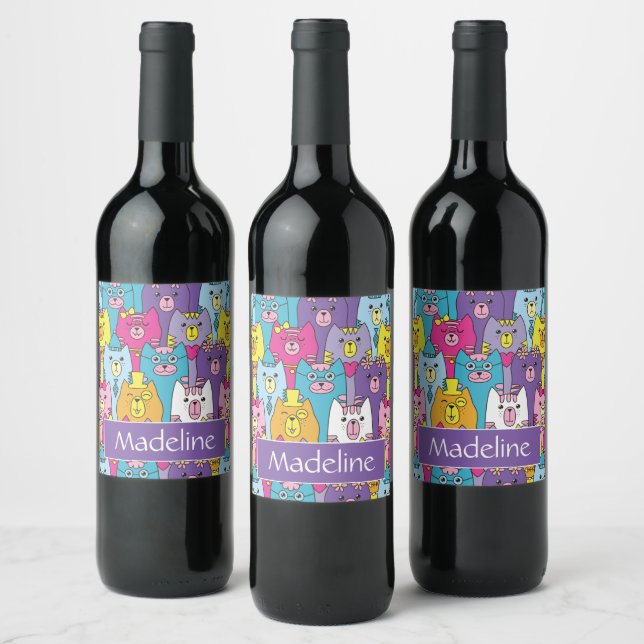 Cute Colourful Cartoon Cats Pattern Personalized Wine Label (Bottles)