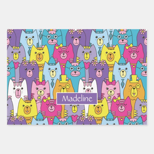 Cute Colourful Cartoon Cats Pattern Personalized Wrapping Paper Sheet (Front 3)
