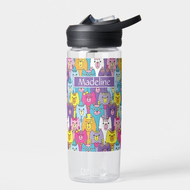 Cute Colourful Cartoon Cats Personalize  Water Bottle (Left)