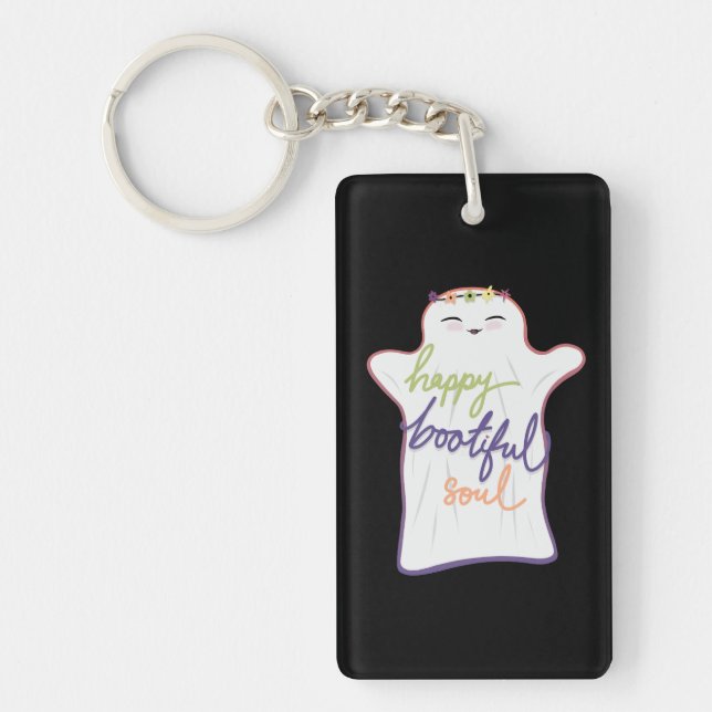 Cute Colourful Cartoon Ghost with Text Keychain (Front)