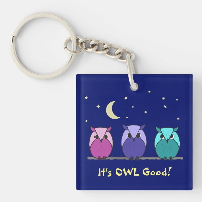 Cute Colourful Cartoon Owls Night Sky Keychain (Front)