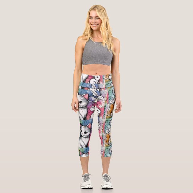 cute colourful cat doodle art pat   vivid cuolorfu capri leggings (Front)