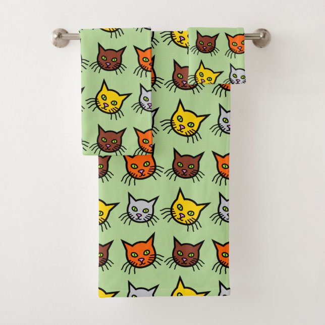Cute Colourful Cat Face Pattern Bath Towel Set (Insitu)