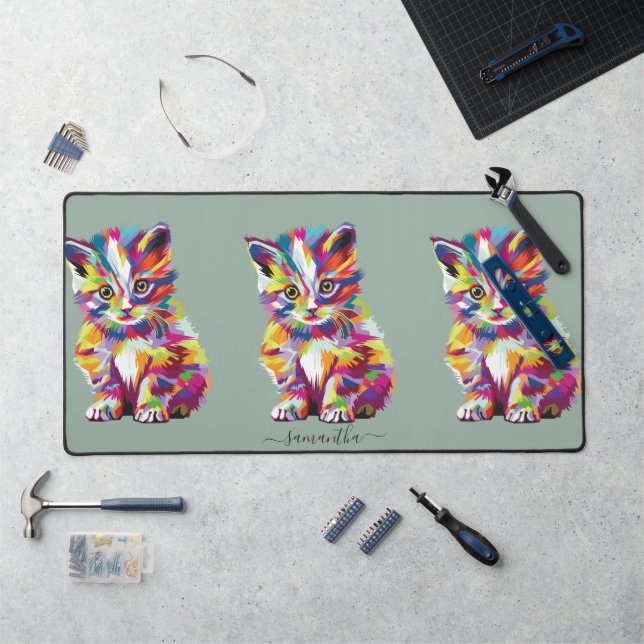 Cute colourful cat illustration on sage green desk mat (Workstation)