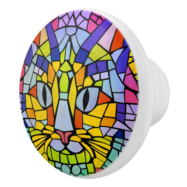 Cute Colourful Cat Mosaic - Modern, Bright and Fun Ceramic Knob (Right)
