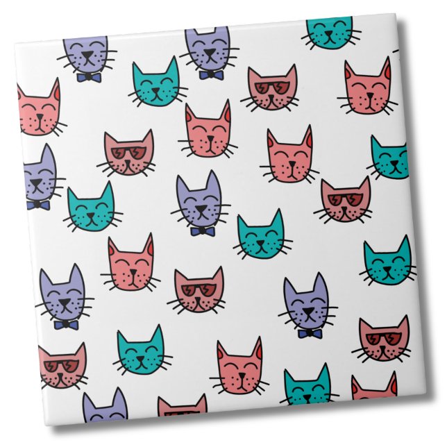 Cute Colourful Cat Pattern Tile (Sketch Cat Pattern - Turquoise Pink Purple Ceramic Tile)