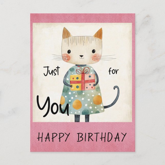 Cute Colourful Cat Present Happy Birthday Postcard (Front)