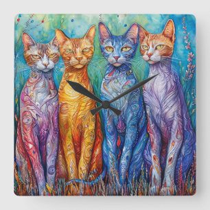 Cute colourful cats painting square wall clock